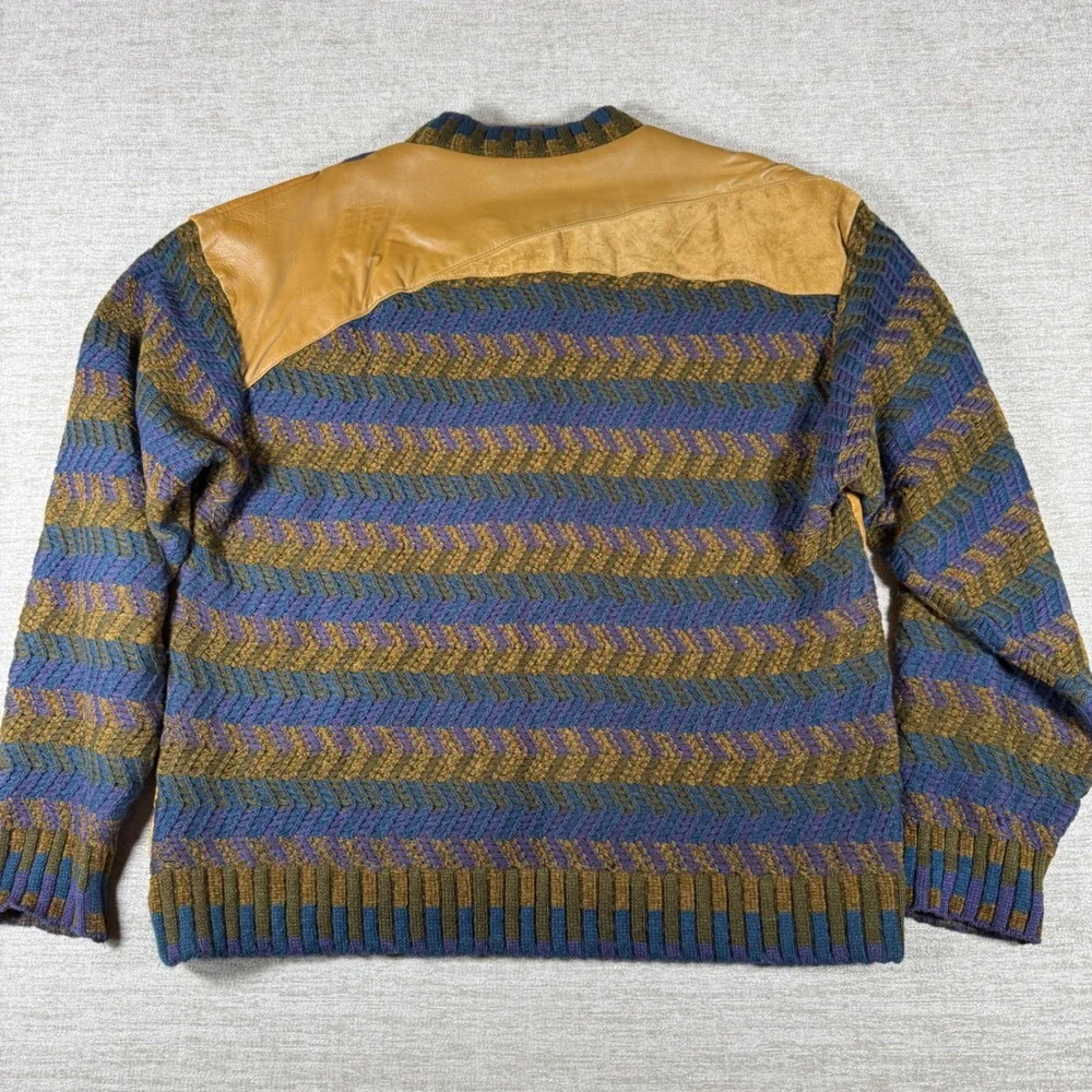 Saxony Sweater Mens XL Tan Leather Knit L/S Geometric Patchwork Vintage
